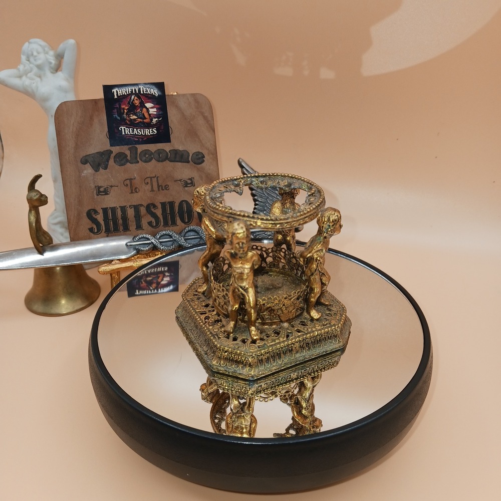 Vintage Gold Ormolu Style Vanity Organizer 4 Putti Cherubs Hollywood Regency